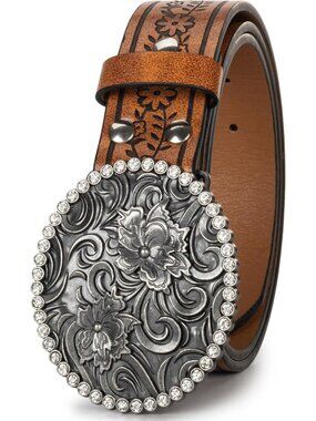 Unisex Brown PU Leather Belt Vintage Western Cowboy Waist Belt Carved Buckle